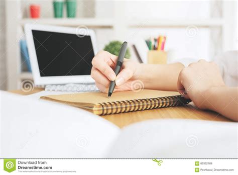 Lady With Laptop Writing In Notepad Stock Image Image Of Background