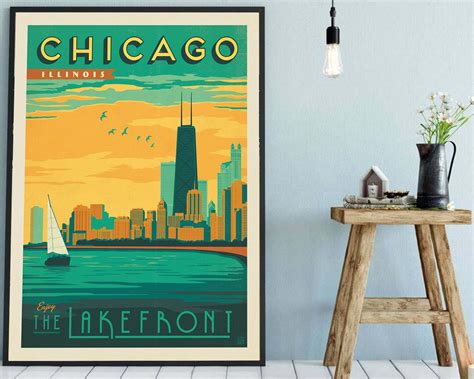 Chicago City Travel Poster Lakefront Illinois Art Print Etsy