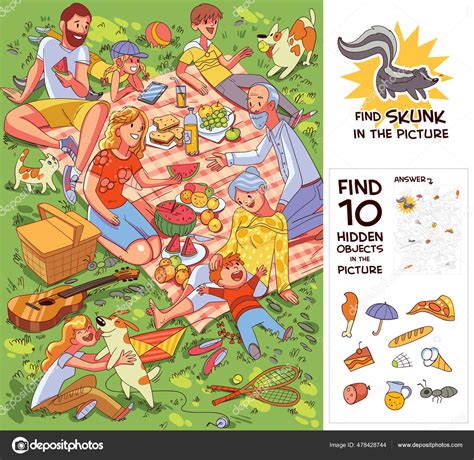 Family Picnic Find Hidden Objects Picture Find Skunk Puzzle Hidden