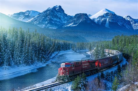 Train River Canada Snowy Peak Snow Rocky Mountains Railway
