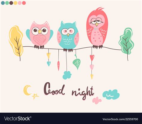 Print With Cute Owls And Phrase Good Night Vector Image