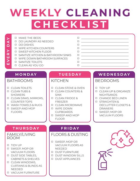 Free Printable Weekly Cleaning Checklist Instant Pdf Download The
