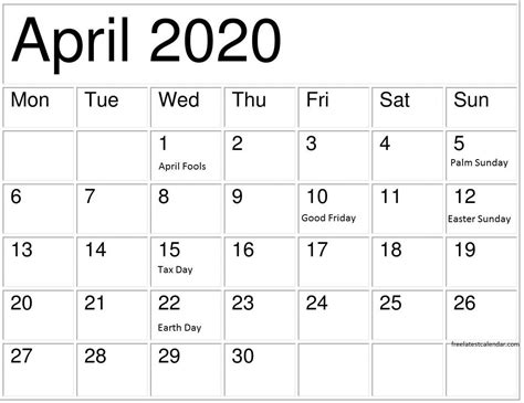 April 2020 Calendar With Holidays And National Days Calendar Template