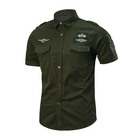 Short Sleeve Button Up Military Army Green Shirt Mens Zeekas