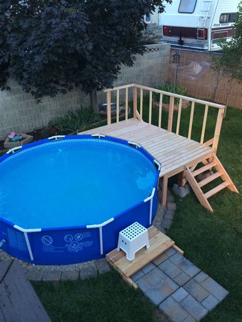 When using an umbrella in the pool, especially in a salt pool, be sure to use one that is stainless steel, aluminum or fiberglass, or some other material impervious to chlorine and salts. My pool deck. Not very big but perfect for the backyard! (mit Bildern) | Gartenpools, Pool für ...