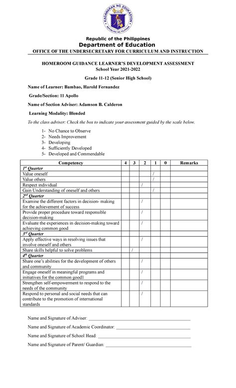 Homeroom Guidance Learners Development Assessment Shs Republic Of The