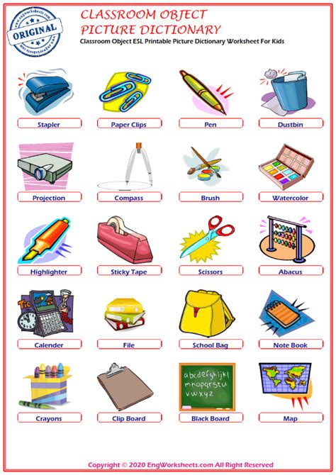 classroom objects printable english esl vocabulary worksheets 1 engworksheets