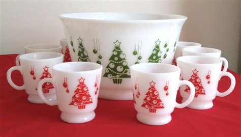 Vintage Hazel Atlas Milk Glass Christmas Tree Punch Bowl Set