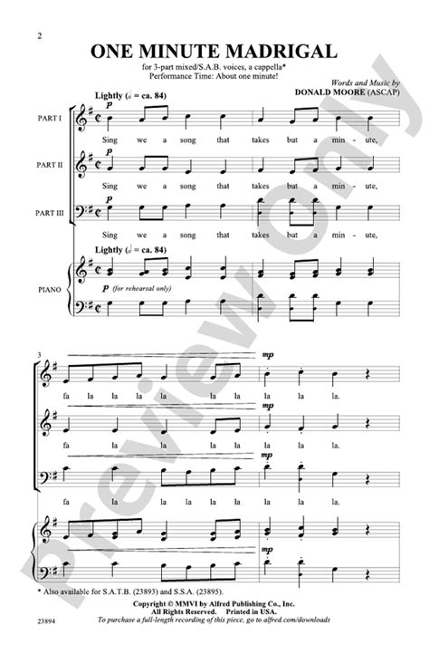 One Minute Madrigal 3 Part Mixed Sab A Cappella Choral Octavo Donald Moore Digital Sheet