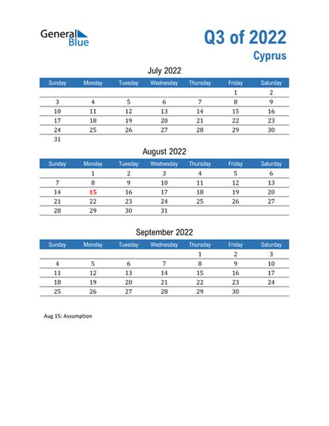 Q3 2022 Quarterly Calendar With Cyprus Holidays