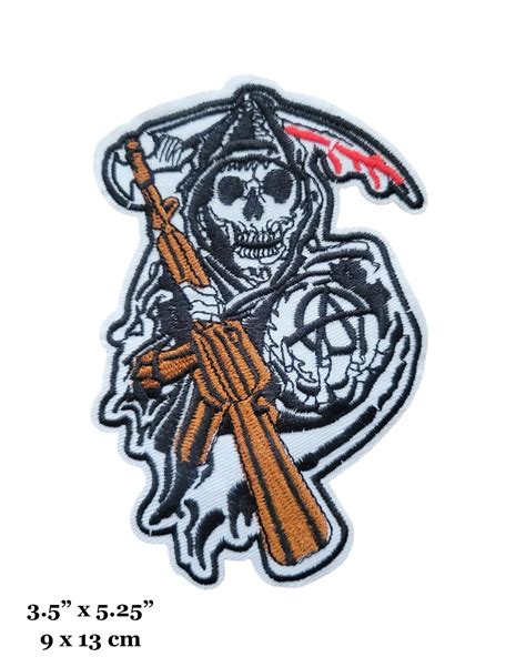 Grim Reaper Skull Skeleton Gun Sickle Anarchy Goth Embroidered Iron On