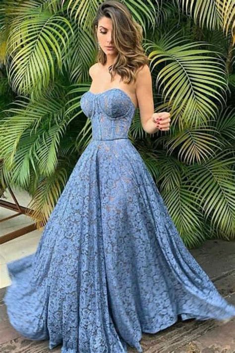 Blue Sweetheart Lace Long Prom Dress Blue Lace Bridesmaid Dress Dresstby
