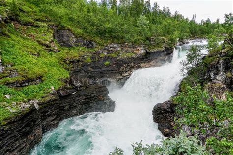 View Of The Gaustafallet Waterfall In Northern Sweden Stock Photo