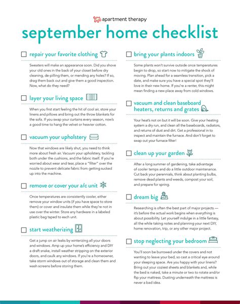 September Healthy Happy Home Maintenance Checklist Apartment Therapy