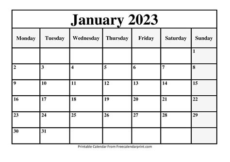 Printable January Month Calendar 2023