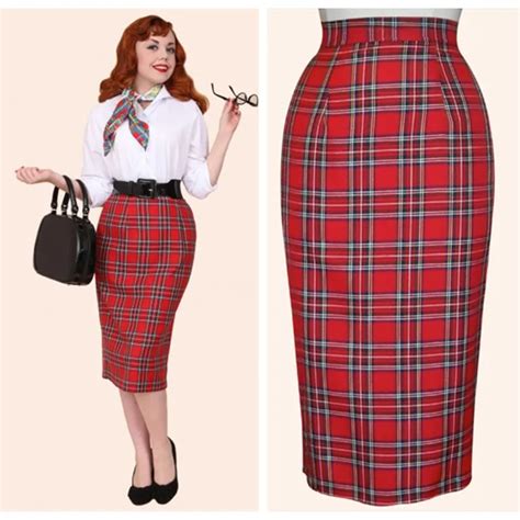 30 women vintage 50s pinup tartan high waist wiggle midi pencil skirt in red plus size skirts
