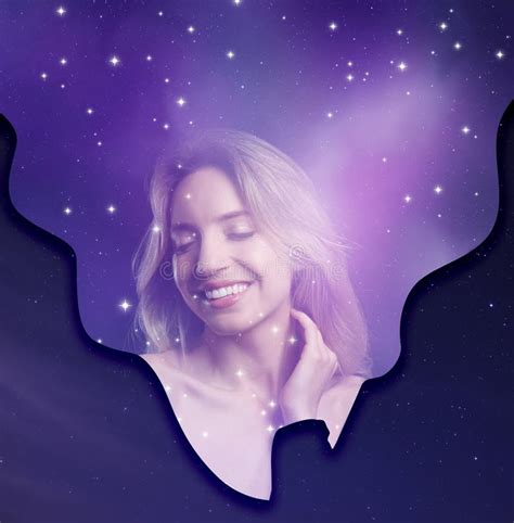 Double Exposure Of Beautiful Woman And Starry Sky Astrology Concept