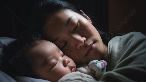 Mother And Child Sleeping In Bed In The Dark Background A Young Mother