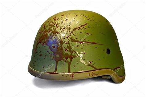 Military Or Police Helmet With Blood Splattered Isolated On White