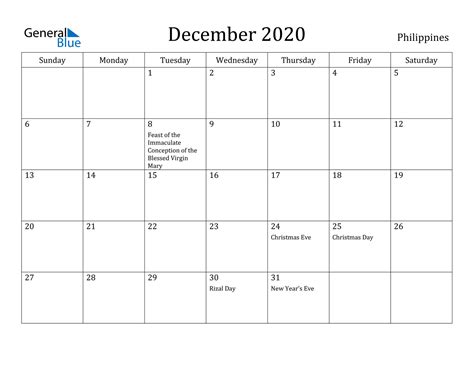 Philippines December 2020 Calendar With Holidays