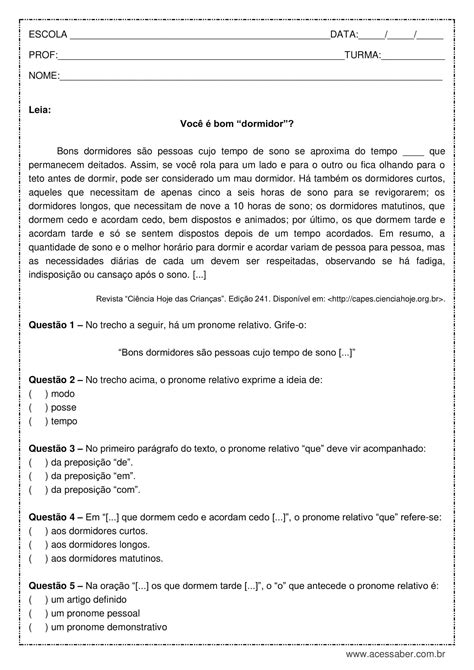 Atividade Sobre Pronomes Relativos MODISEDU