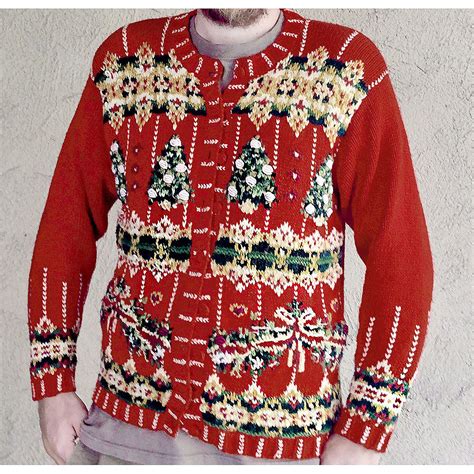 Textured Trees Red Chunky Knit Tacky Ugly Christmas Sweater The Ugly