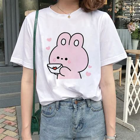 Pink Bunny Kawaii Graphic Print T Shirt Women Harajuku Aesthetic White