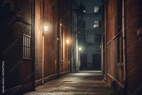 Nighttime Alley With A Smoking Streetlight Brick Wall And Distant