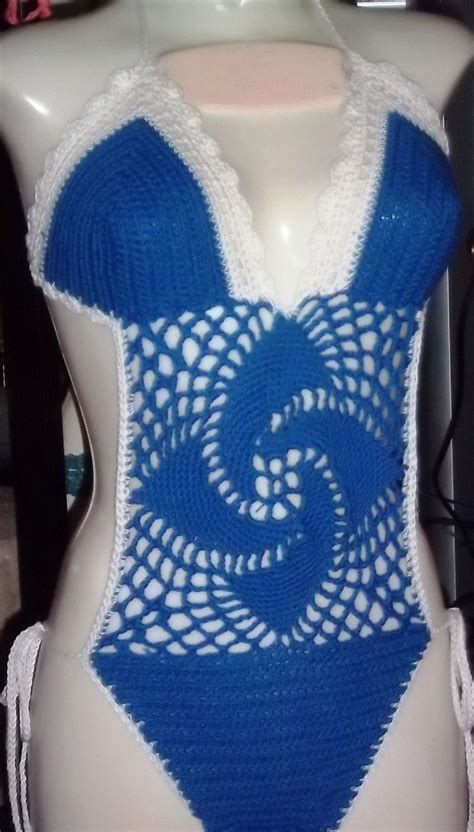 crochet handmade one piece monokini royal blue w white trim swirl fan center by