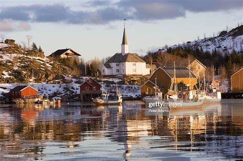Norway Lofoten Islands Moskenes Village Harbour Sunset High Res Stock