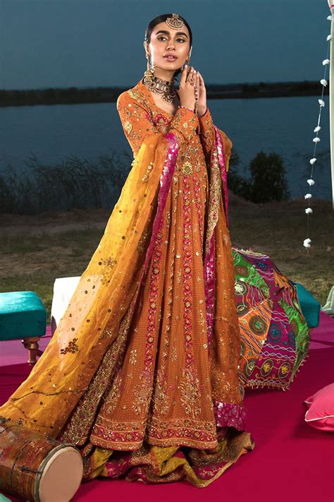 Bridal Mehndi Frock Outfit In Orange Color Y6069 Pakistani Bridal Dresses Online Bridal