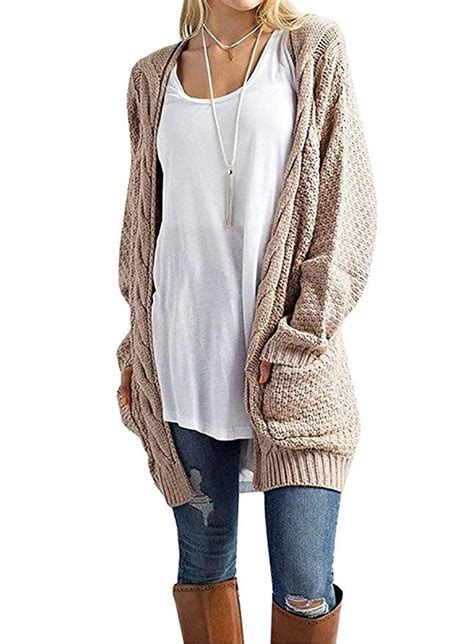 Womens Cable Knit Open Front Cardigan Sweaters With Pockets Aegean