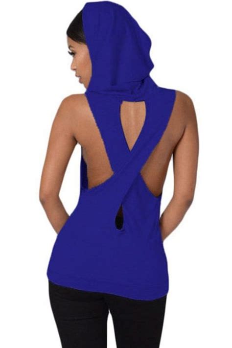 Women Cross Back Royal Blue Sleeveless Hoodie Online Store For Women