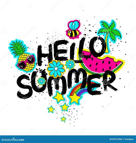 Hello Summer Lettering And Cartoon Stickers Stock Vector