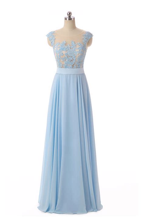 Light Blue Chiffon Long Lace Appliqués Senior Prom Dress Light Blue