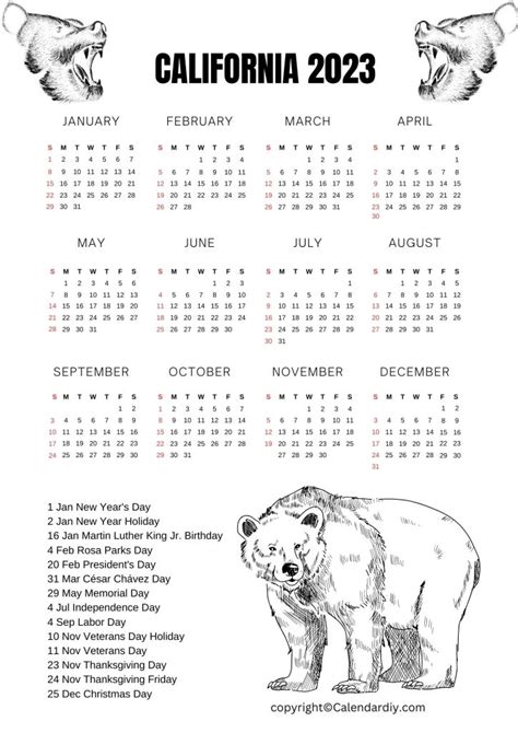 California Calendar 2023 With California Public Holidays