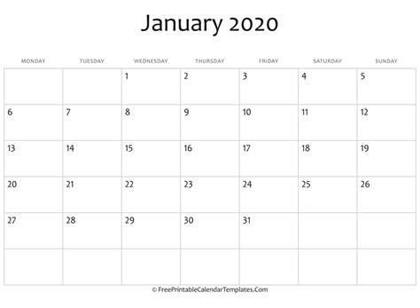 Fillable January Calendar 2020 Horizontal