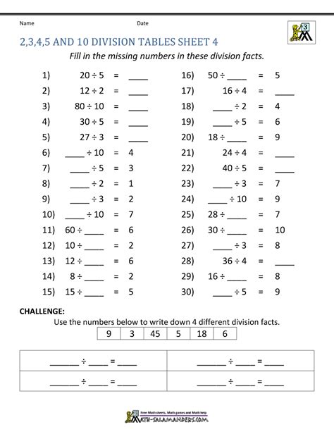 Division Facts Worksheets
