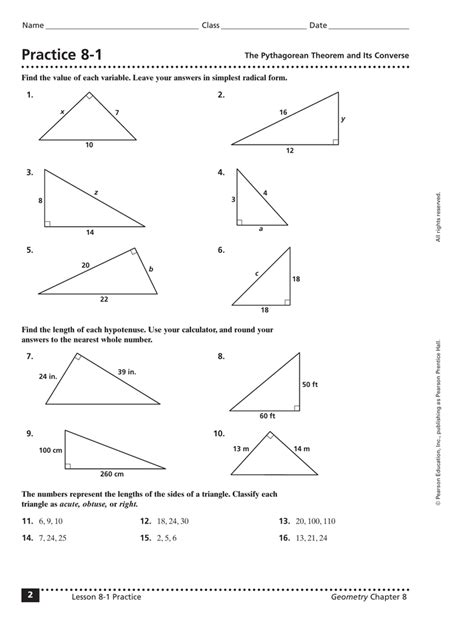 The notes cover identifying parts of a right triangle, proving a right triangle given three sides, finding a missing side to a right triangle, and word problems. Practice 8-1