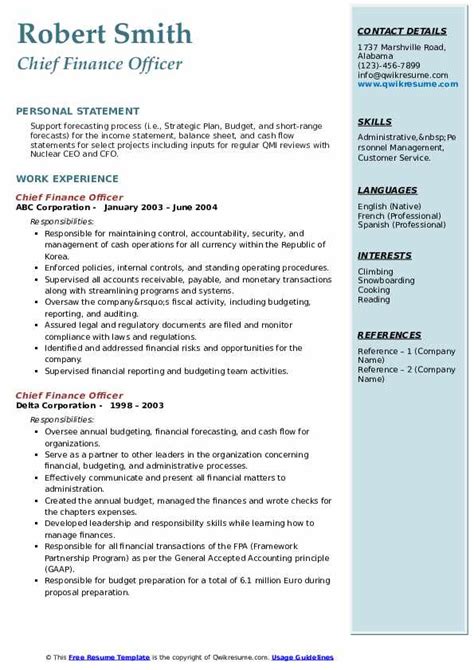 Workbloom's resume templates all come with matching cover letters. Chief Finance Officer Resume Samples | QwikResume