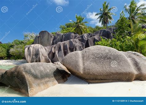 Anse Source D Argent Granite Rocks At Beautiful Beach On Tropical