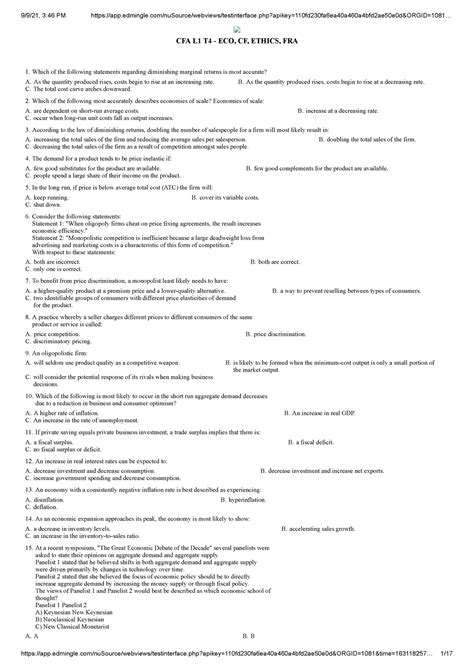 1390322-Solution CFA L1 Test 4 - CFA L1 T4 - ECO, CF, ETHICS, FRA Which