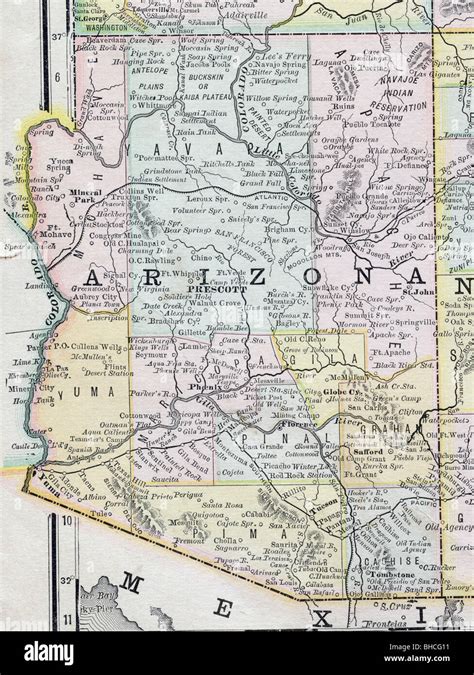 Original Old Map Of Arizona From 1884 Geography Textbook Stock Photo