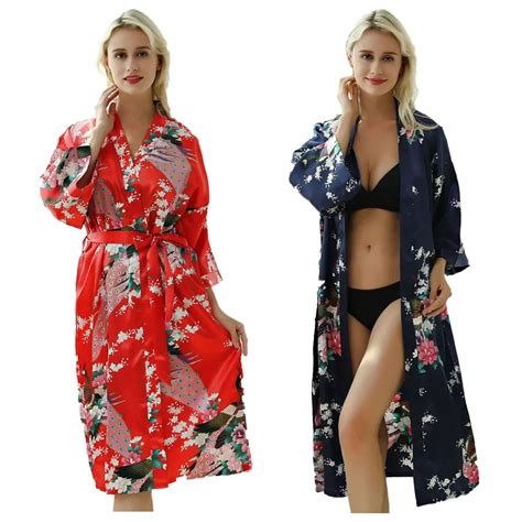 Lady Sexy Costumes Japanese Kimono Yukata Dress With Belt Satin Silk Cardigan Pajamas Sleepwear