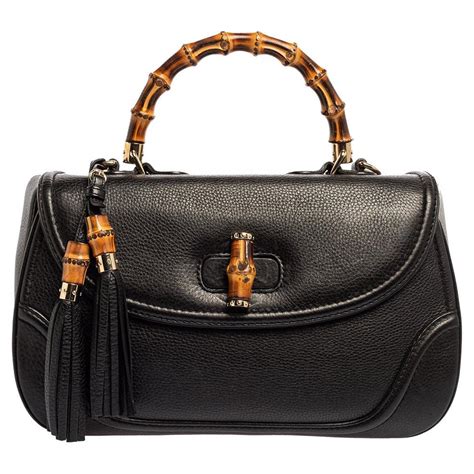 Gucci Black Leather Large New Bamboo Tassel Top Handle Bag For Sale At