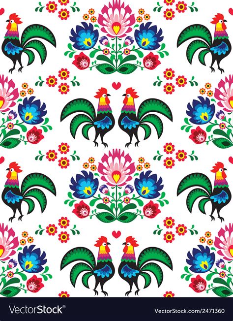 Seamless Polish Folk Art Pattern With Roosters Vector Image