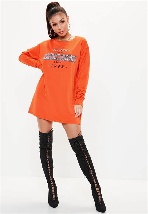 Missguided Orange Chicago Graphic Print Oversized Sweater Dress