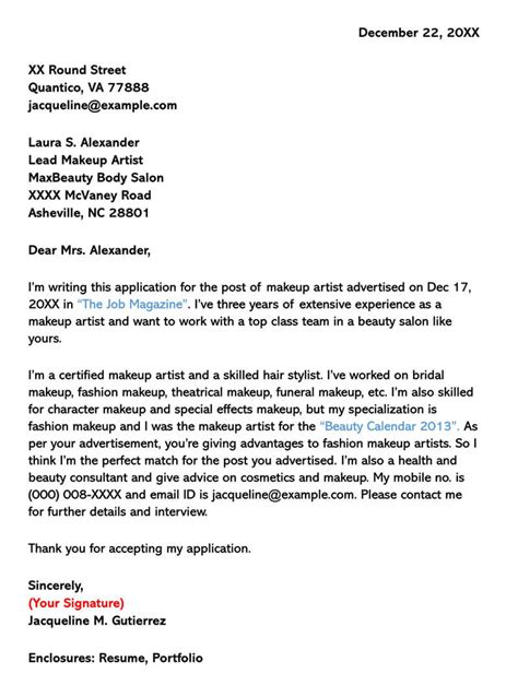 Makeup Artist Job Application Letter Sample