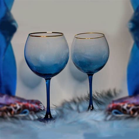 Blue Wine Glassesgold Rimmed Glassesanniversary Glasseswine Etsy