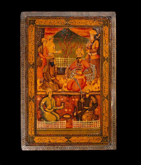 bonhams a large qajar lacquer mirror case depicting the court of shah abbas persia 19th century